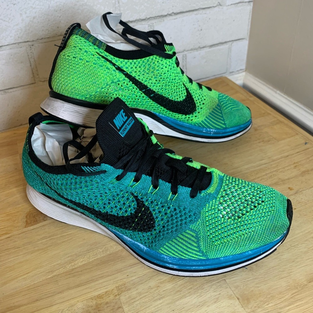 RARE Nike Flyknit Racer Sport Turquoise Green Lucid Black 526628-300 Mens 10.5